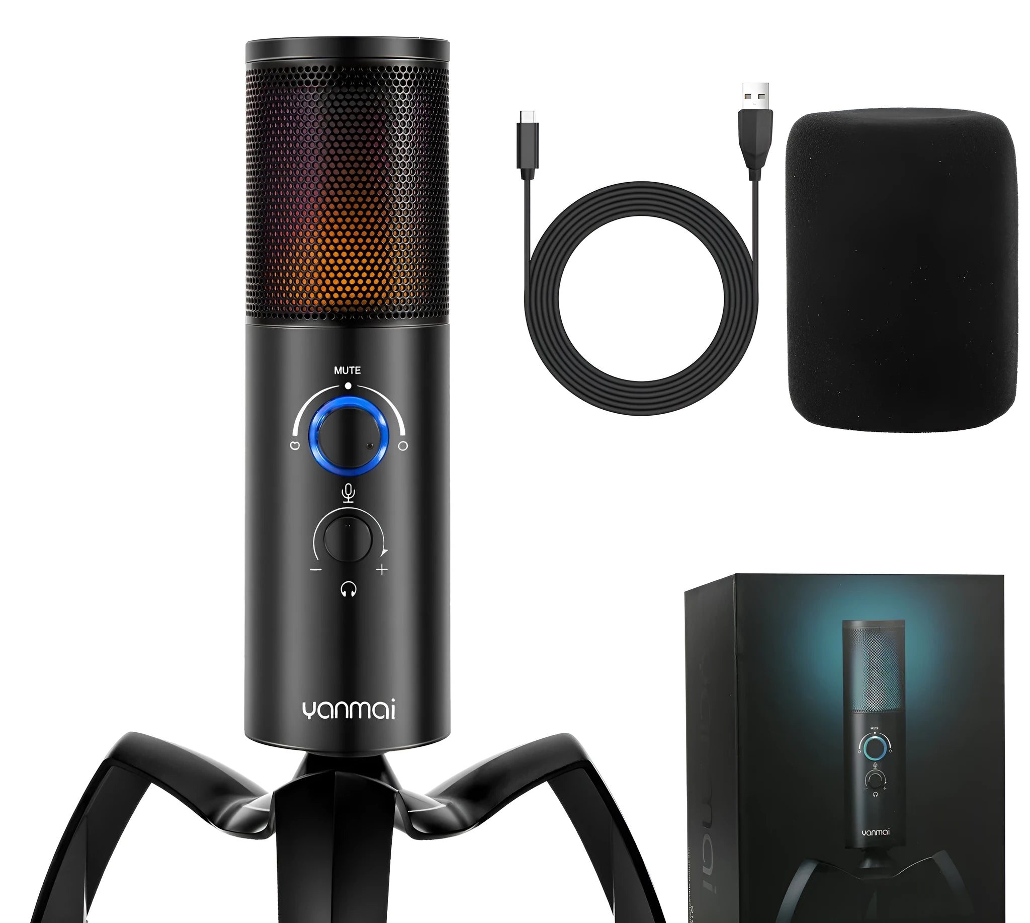 Black Q18 USB condenser microphone with RGB lights on a adjustable metal tripod