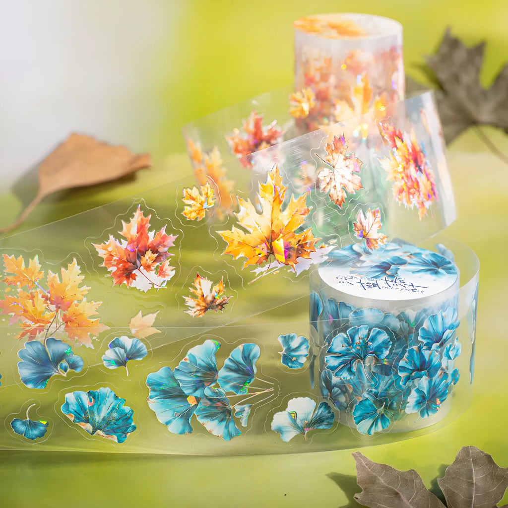 Roll of decorative PET stickers with six natural leaf patterns including ginkgo and maple designs