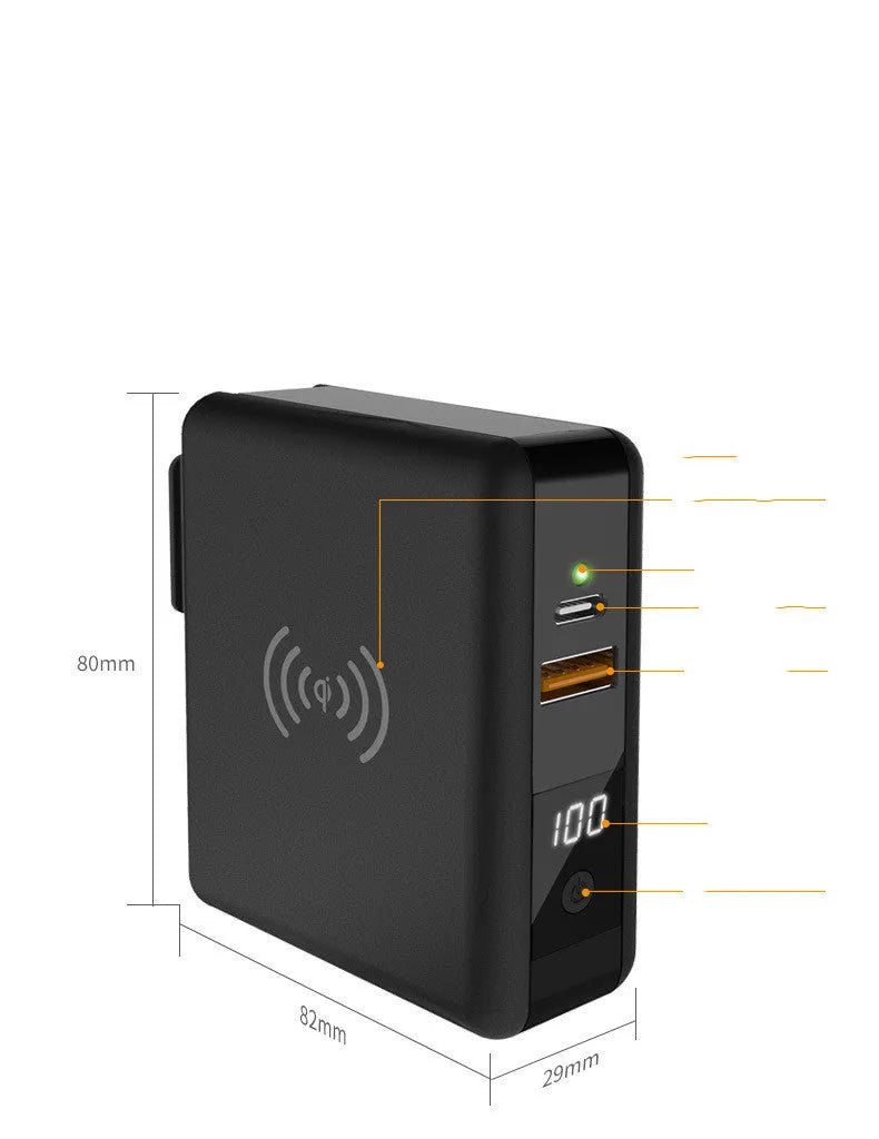 Super QI wireless charging power bank with wall plug in black or white cylindrical design
