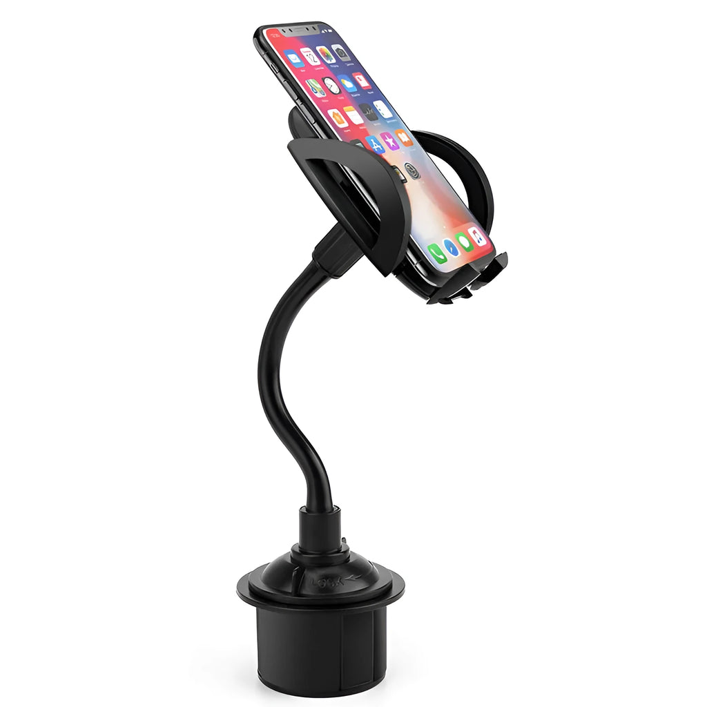 Black car cup holder mobile phone mount with ABS and aluminium tube encapsulation, placed in car cup holder