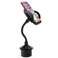 Black car cup holder mobile phone mount with ABS and aluminium tube encapsulation, placed in car cup holder