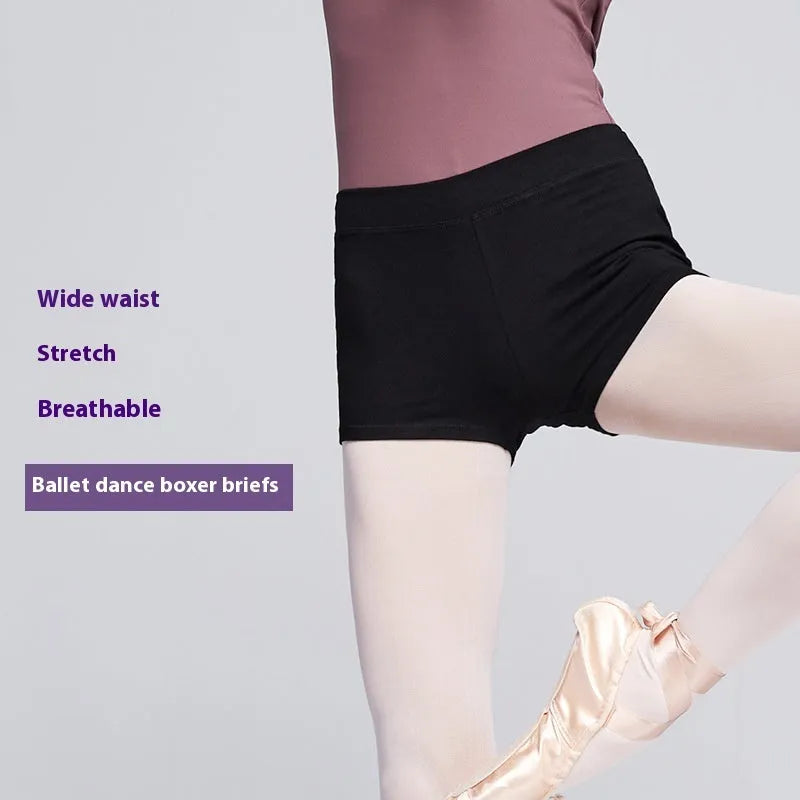 Black cotton ballet practice shorts for women shown flat.