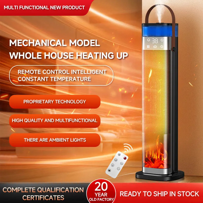 Tall, slim vertical heater with humidification function and a remote control on a wooden floor.
