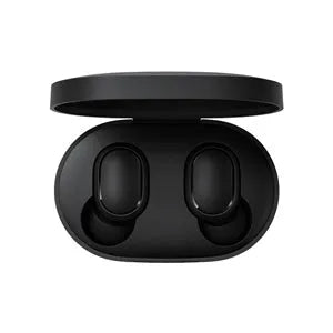 Redmi AirDots Black true wireless Bluetooth earbuds and charging case.