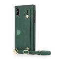 Black leather iPhone case with card slot and attached wrist strap holster