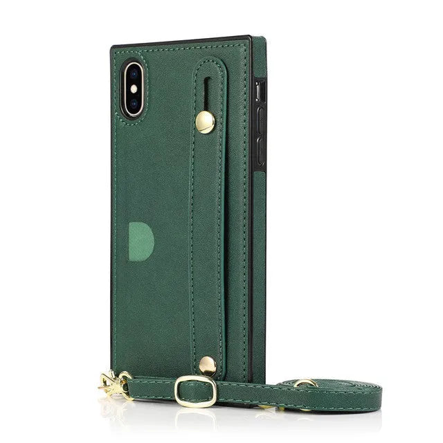 Black leather iPhone case with card slot and attached wrist strap holster