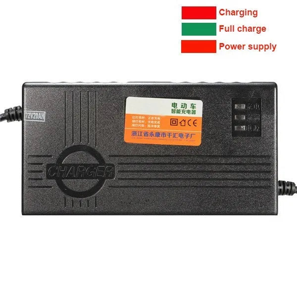 Black 72V20AH electric car charger with choice of AU, EU, or US plug styles