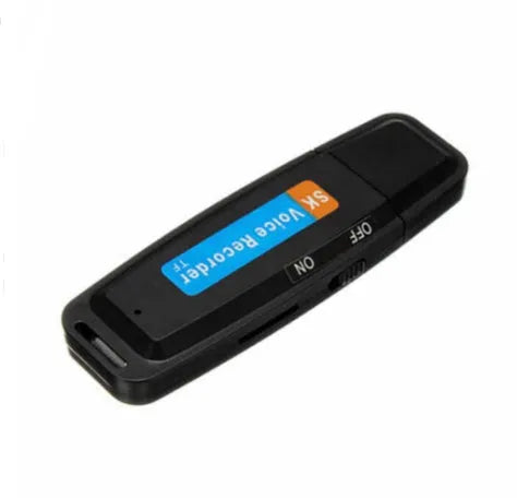Black and white USB flash drive with voice recording function showing 70mm length