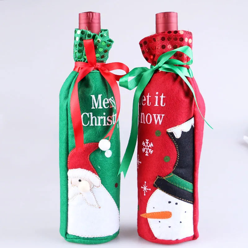 Red and green Christmas cloth wine bottle covers with festive designs on standard wine bottles