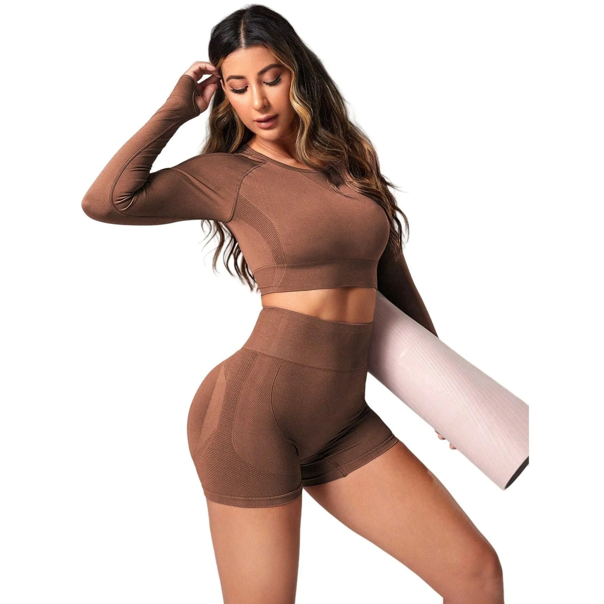 Women's black high waist yoga suit with long sleeve top and quick-drying pants