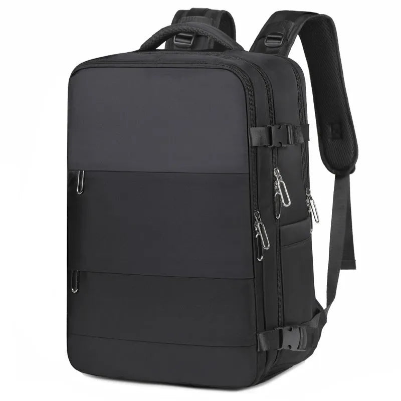 Large grey travel backpack with multiple pockets and an air pillow belt, shown open to reveal internal organisation.