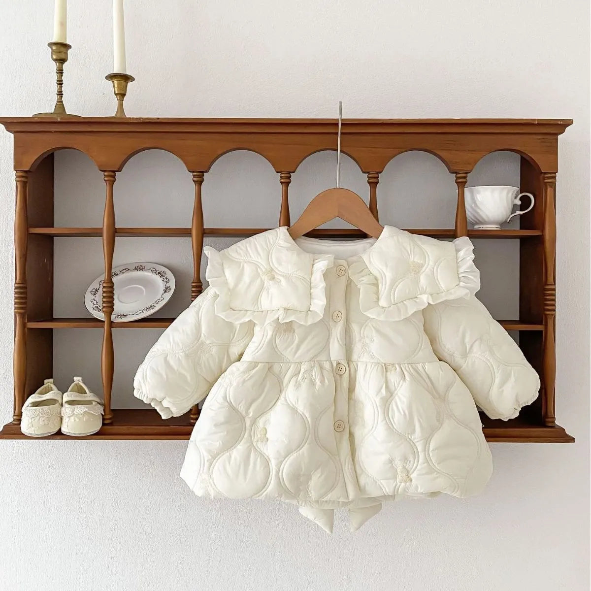 Girls cotton padded winter coat in light beige with thickening cotton filling for warmth