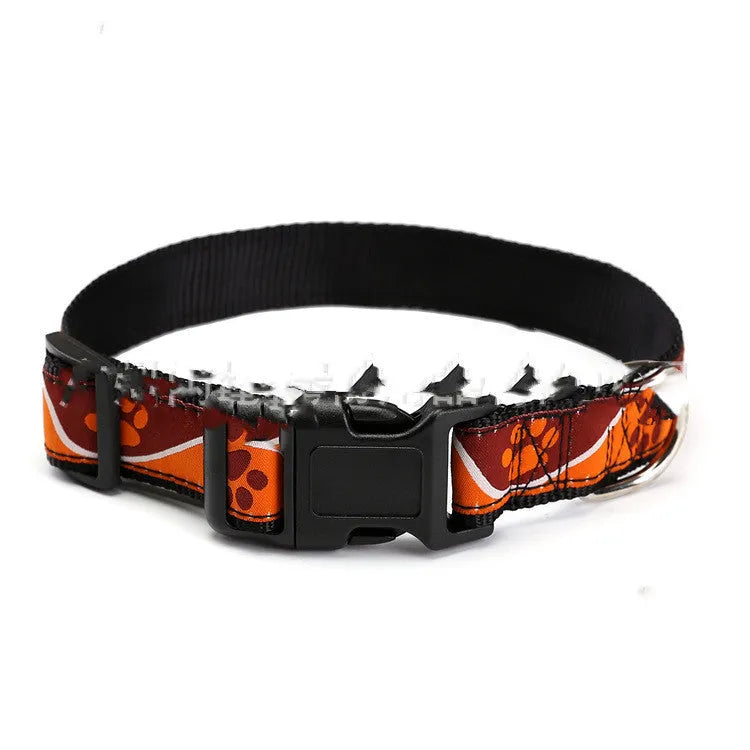 Personalised woven nylon dog collar with custom mark pattern, 2.5cm wide, available in S to XL and five colours