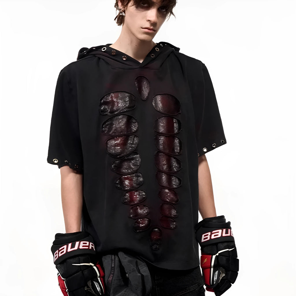 Black men's hooded t-shirt with cut sequin detailing and short sleeves in loose fit