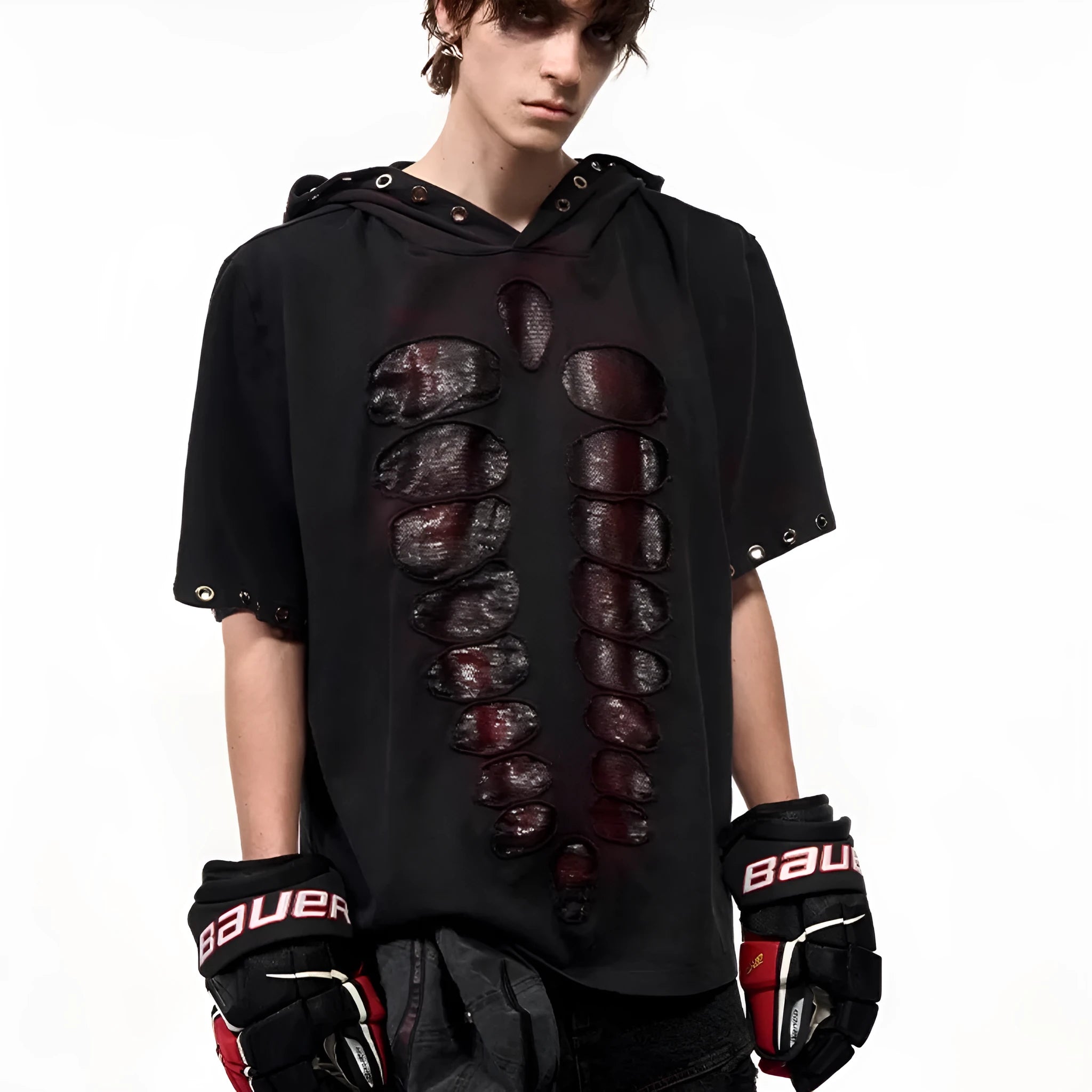 Black men's hooded t-shirt with cut sequin detailing and short sleeves in loose fit