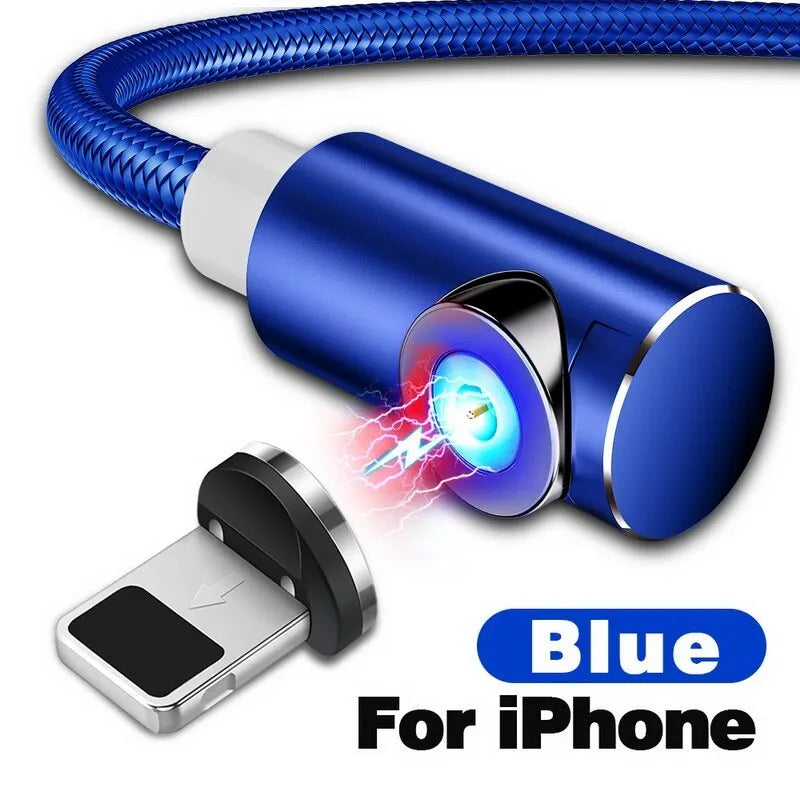 Black L-shaped magnetic charging cable with aluminium connector and LED light next to phone