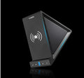 Black multifunctional mobile phone stand with built-in Bluetooth speaker and wireless charging surface