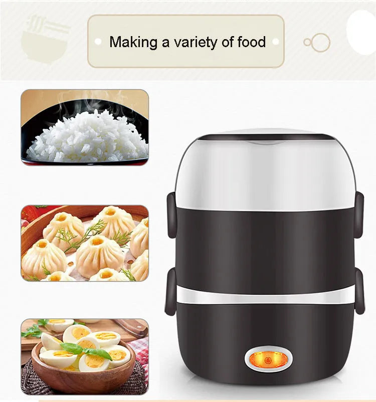 USB electric lunch box showing two-layer and three-layer capacity options with 200W heating power