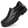 Men's black and brown cowhide leather slip-on business casual shoes with rubber soles