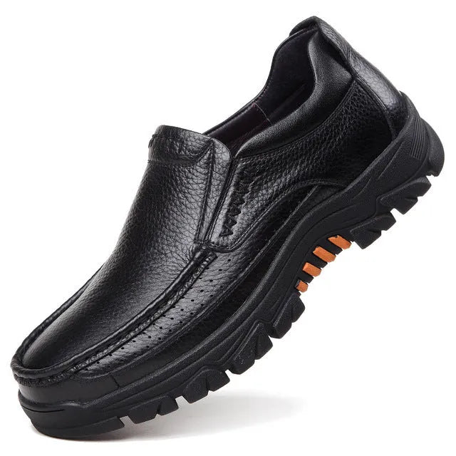 Men's black and brown cowhide leather slip-on business casual shoes with rubber soles