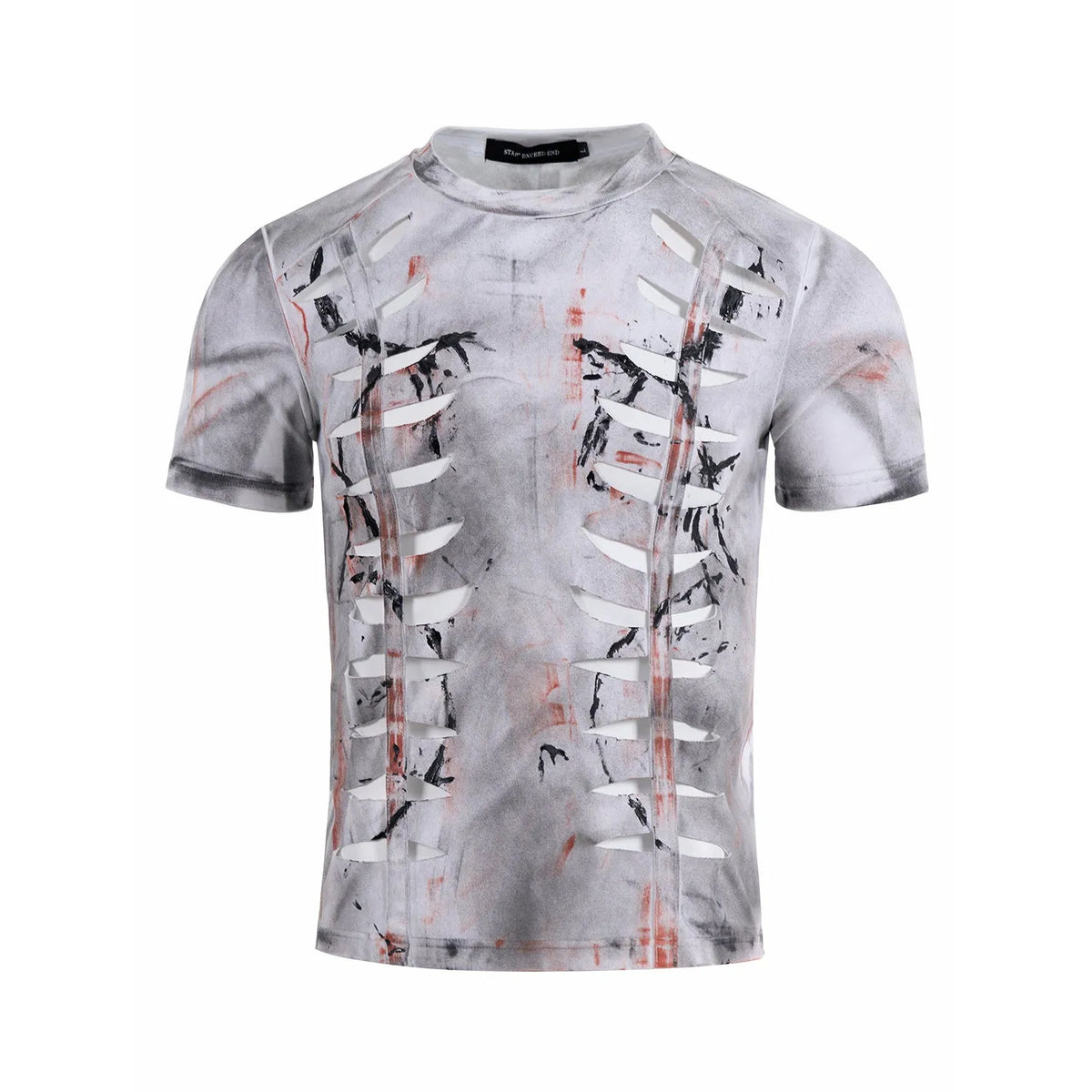 Men's white cotton T-shirt with a decorative cut-out pattern on the short sleeves and a round neck.