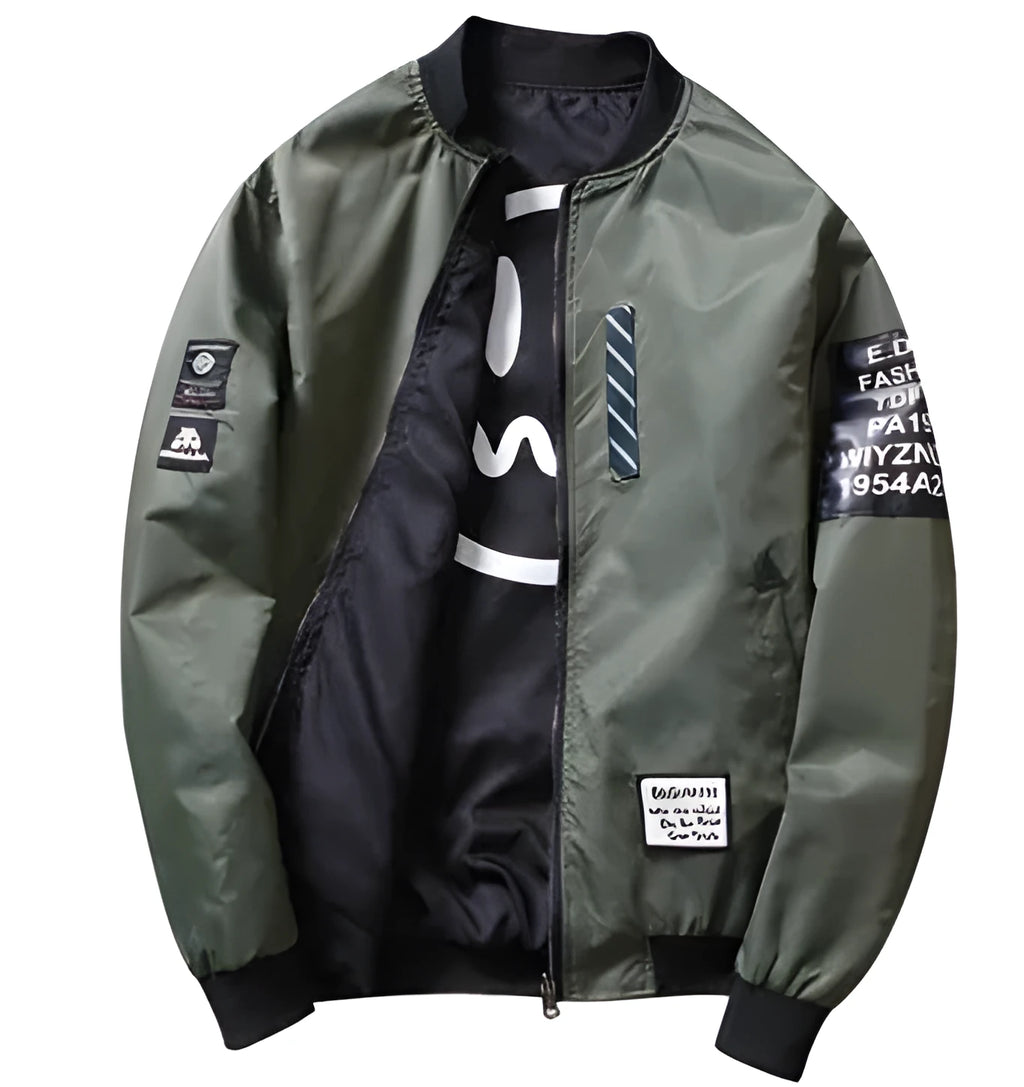 Reversible men's thin flight jacket in black with striped pattern, shown with zip front and collarless design.