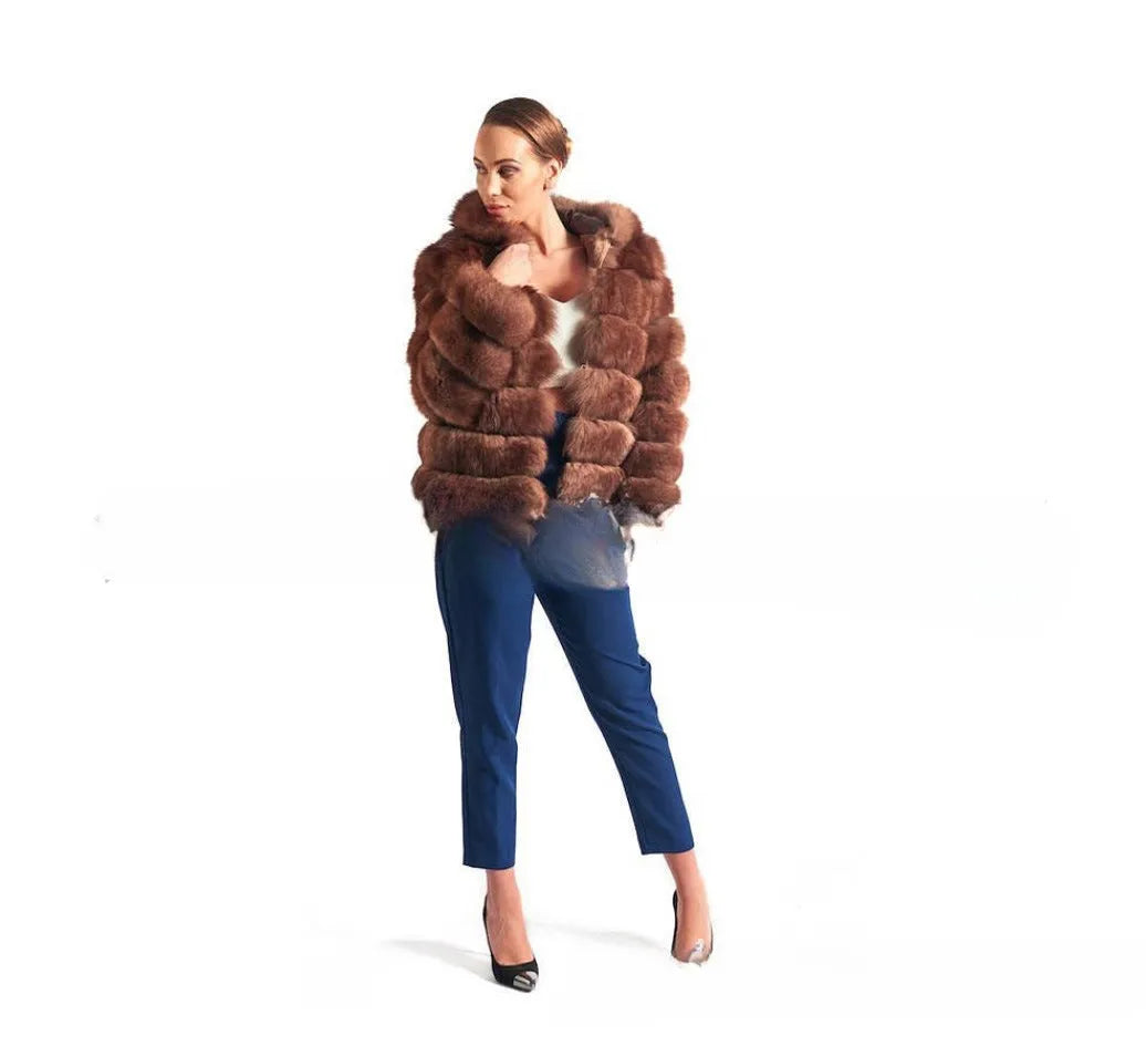 Women's loose artificial fur hooded coat in brown colour, street fashion style