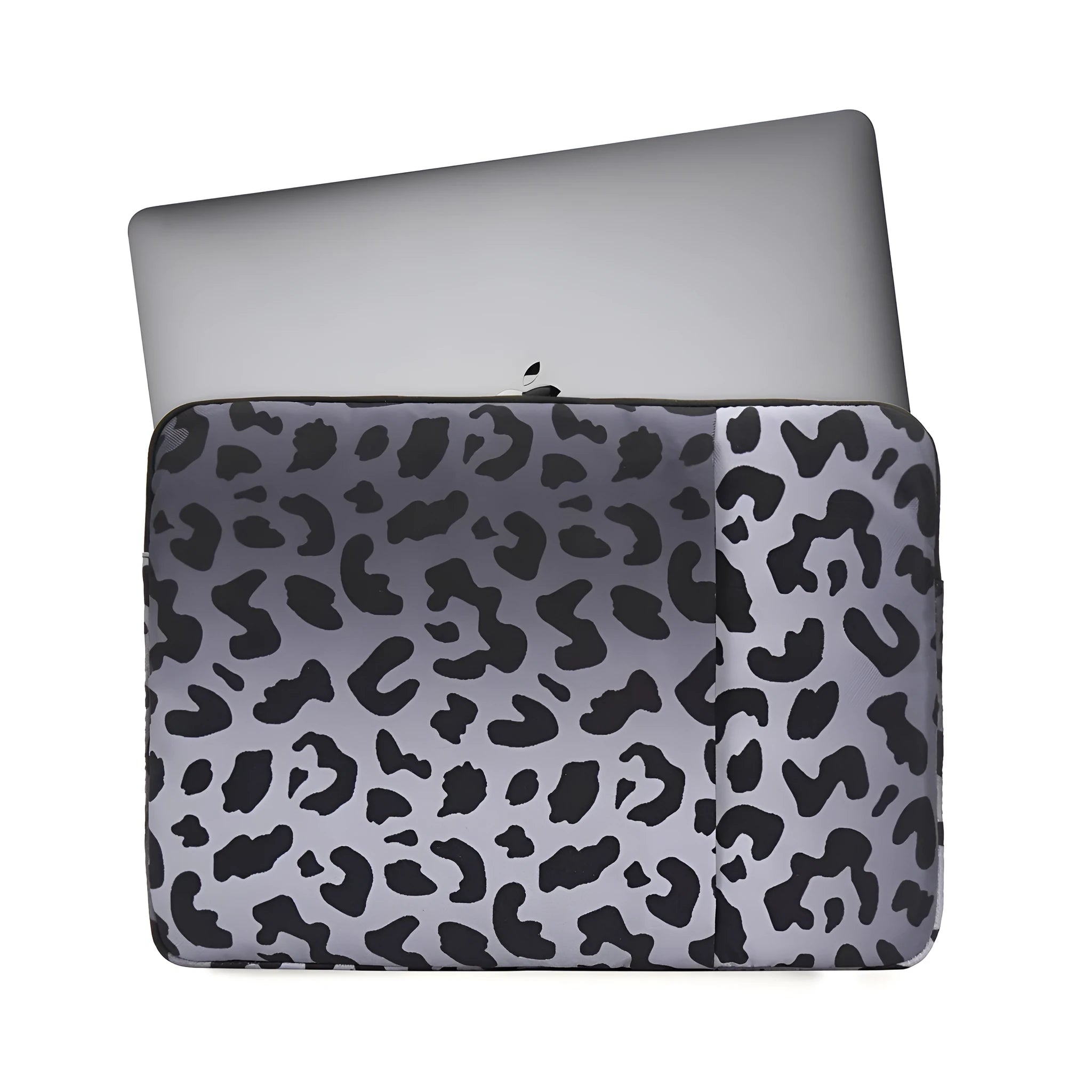 Leopard print flannel lined laptop sleeve for 13-inch to 16-inch devices with waterproof polyester exterior.