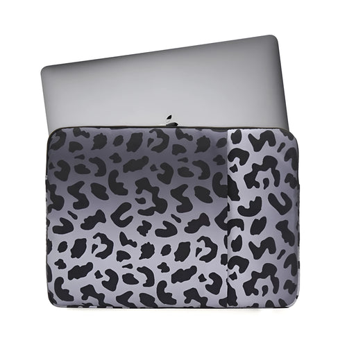 Leopard print flannel lined laptop sleeve for 13-inch to 16-inch devices with waterproof polyester exterior.