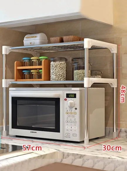 Two tier silver and white kitchen shelf rack with iron tubes and plastic connectors, 22.4 inches wide