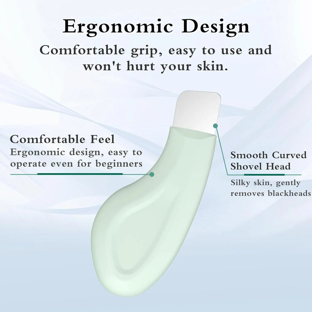 Green stainless steel pore scraper facial tool with a non-slip handle for blackhead removal