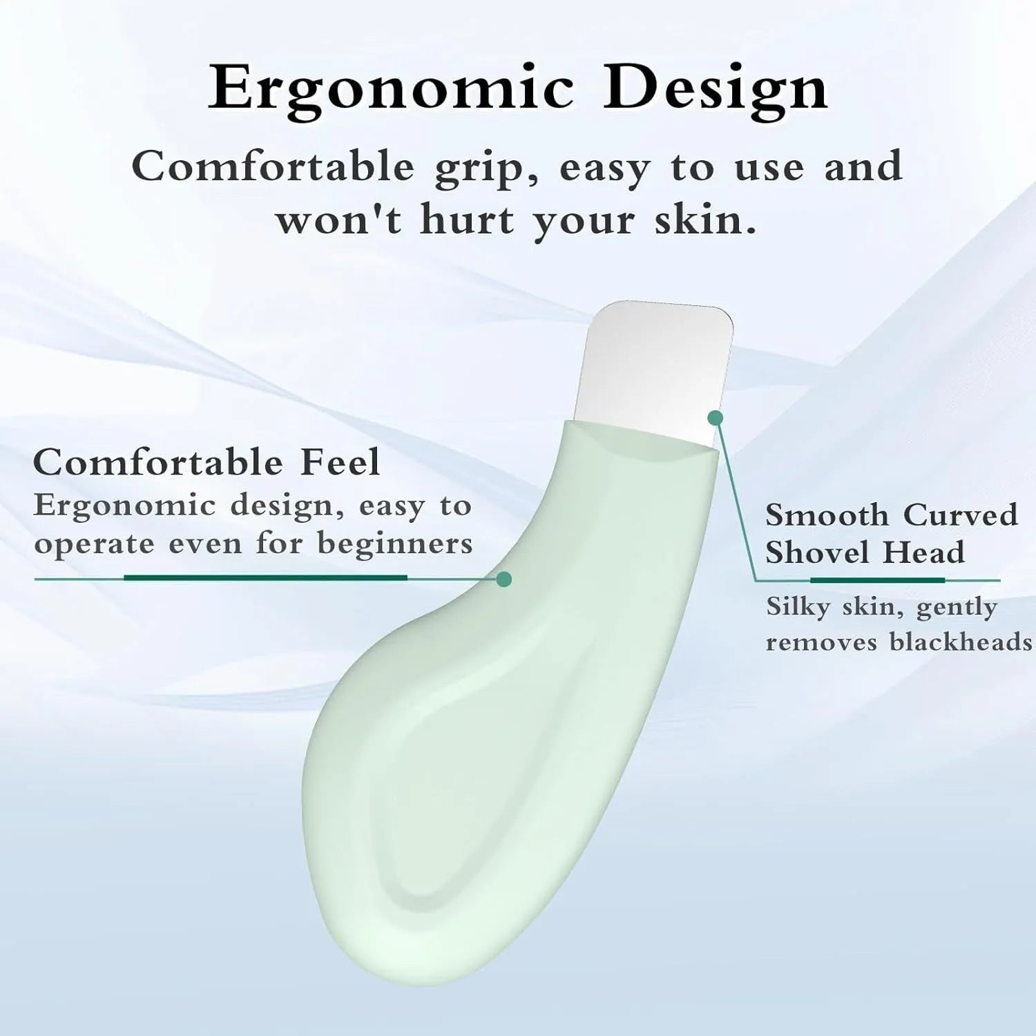 Green stainless steel pore scraper facial tool with a non-slip handle for blackhead removal