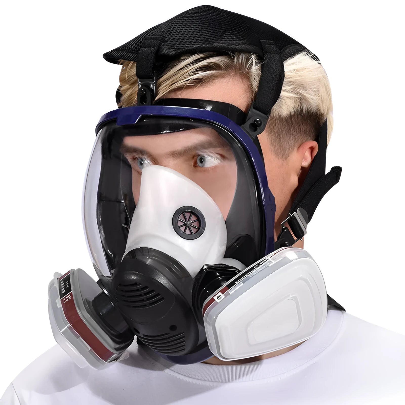 Blue edge spherical full face gas mask with trapezoidal canister and KN95 rating.