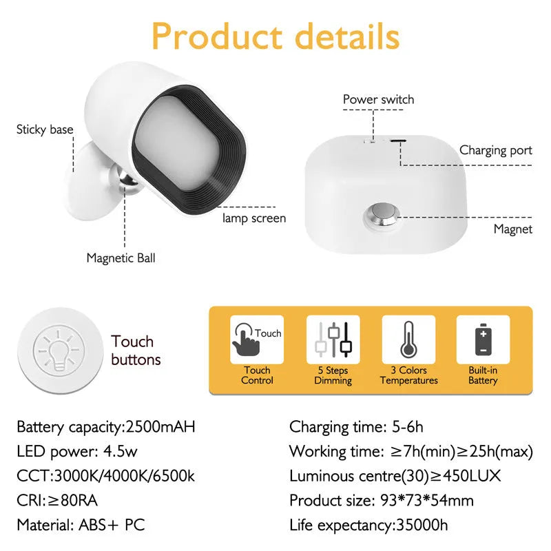 White remote touch magnetic wall lamp showing oval light panel and remote control on a wall.