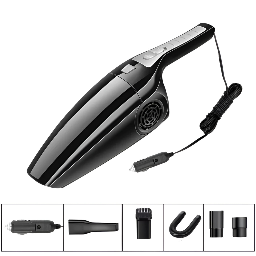 Black and orange 120W car vacuum cleaner with cigarette lighter plug for vehicle interior cleaning