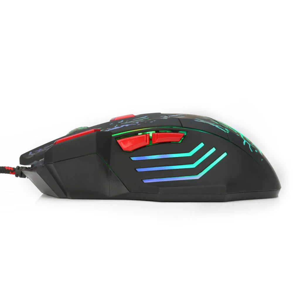 Colourful luminous water crack pattern gaming mouse with ergonomic shape and USB cable