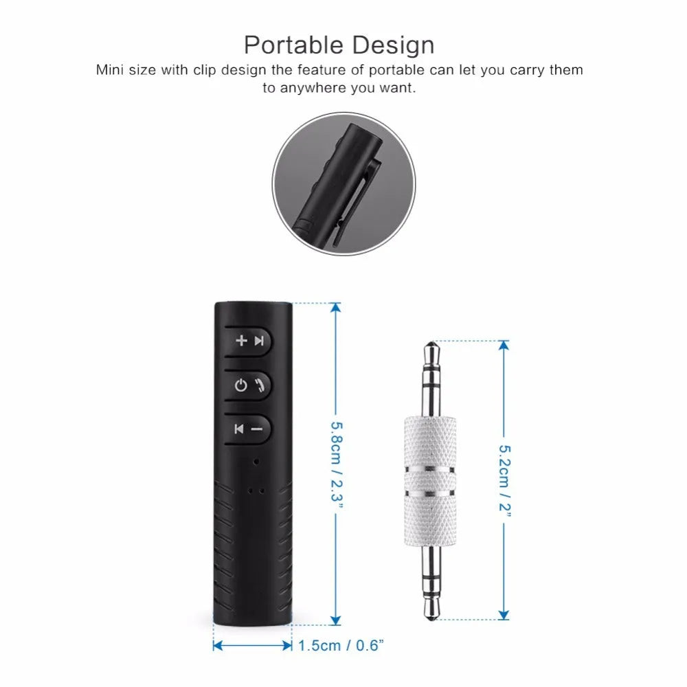 Black plastic Bluetooth audio receiver with 3.5mm plug and Mini USB port, 1.4 x 1.5 x 5.8cm