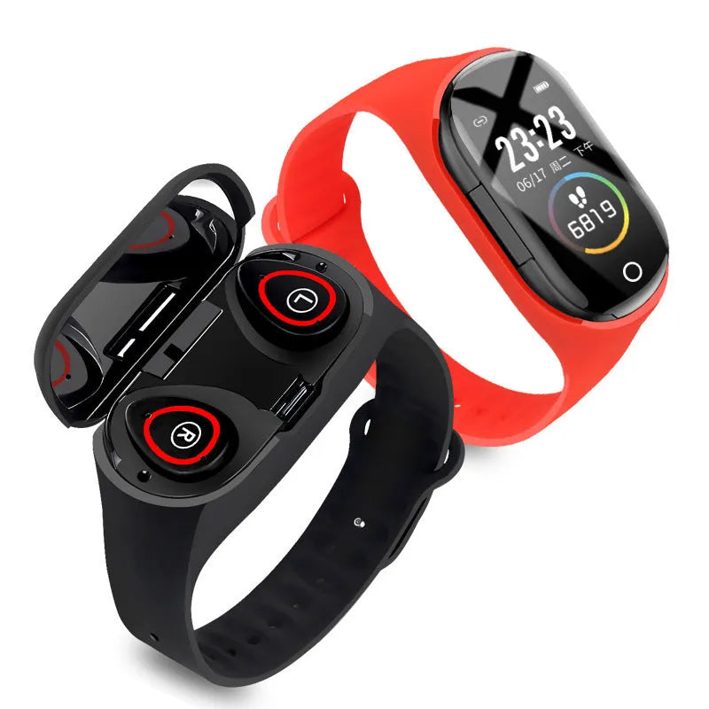 Smart bracelet and earphone combo with 1-inch touchscreen and silicone wristband in black, blue, or red colours