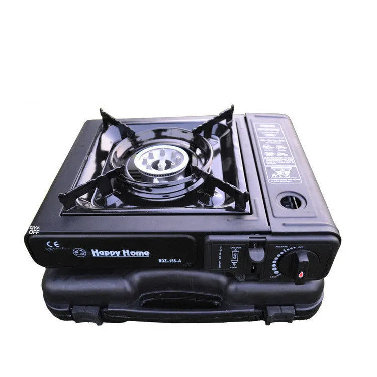 Outdoor windproof portable cassette stove in black plastic case with piezoelectric ignition and safety device