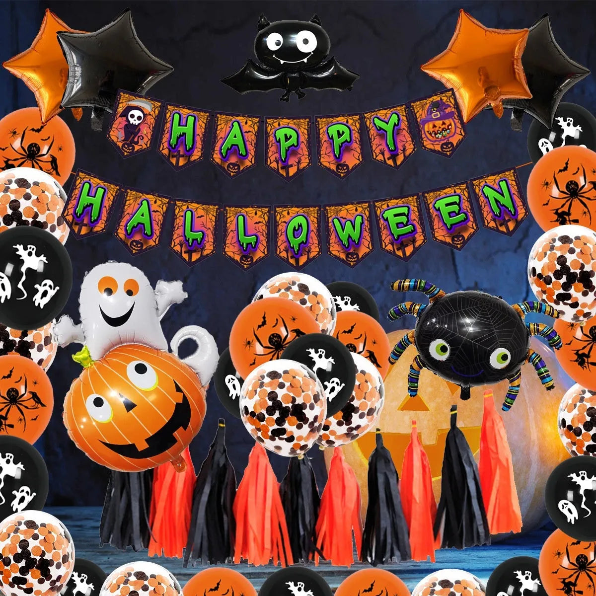 Halloween decoration balloon set with skull and pumpkin shapes in white and black colours including spider balloon arch