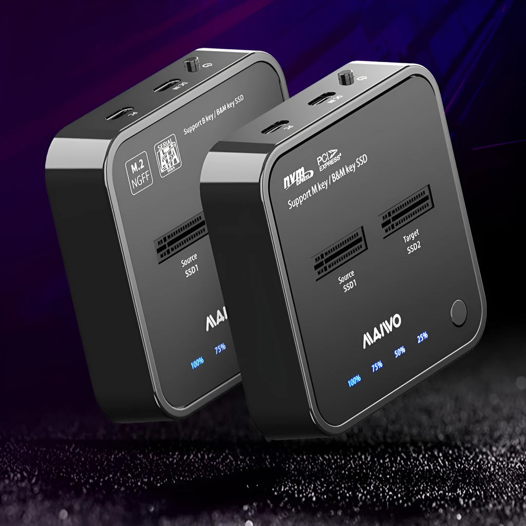 MAIWO K3016 M.2 SSD hard disk duplicator dock with data cables and power adapter.