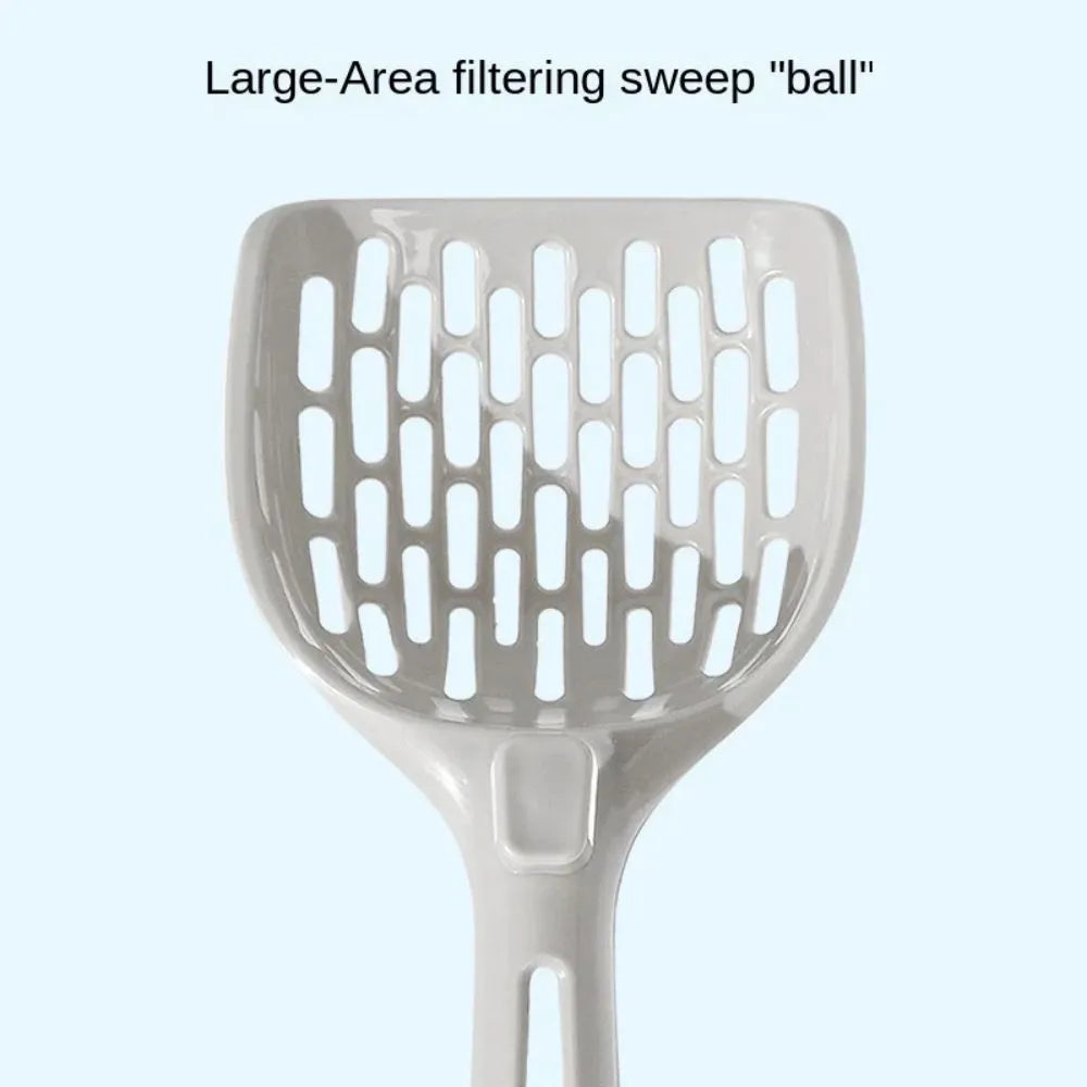 Grey plastic cat litter scoop with metal handle and matching storage base tray