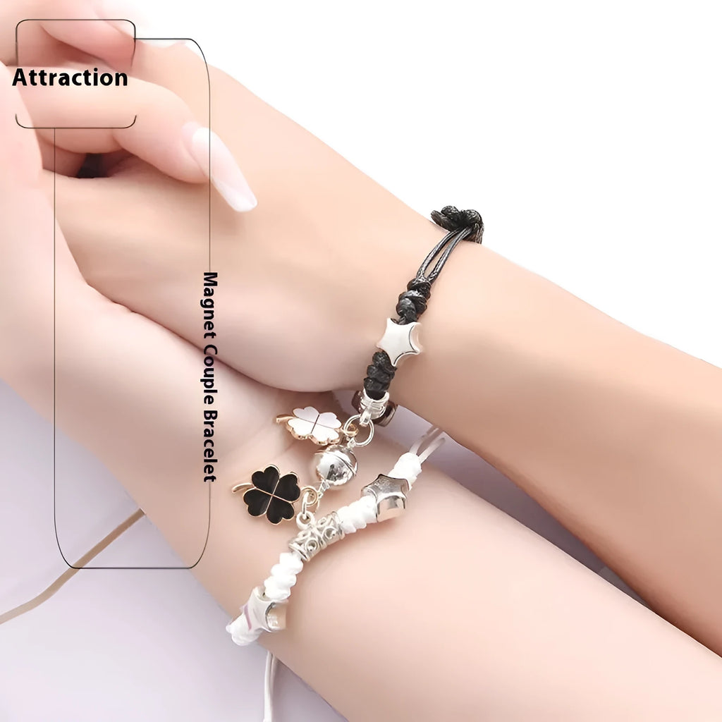 Pair of silver alloy magnet clasp couple bracelets showing example designs like clover, crown, and love symbols.