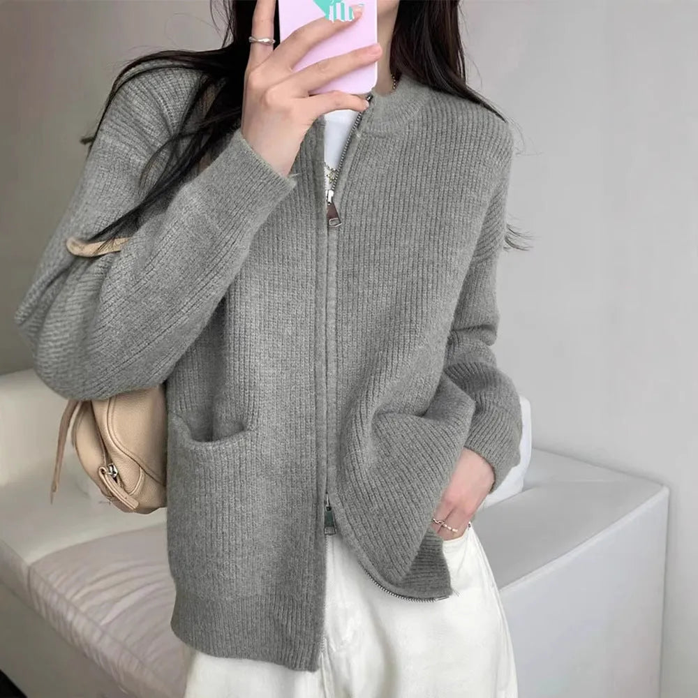Beige viscose fibre soft wind sweater coat cardigan with long sleeves laid flat