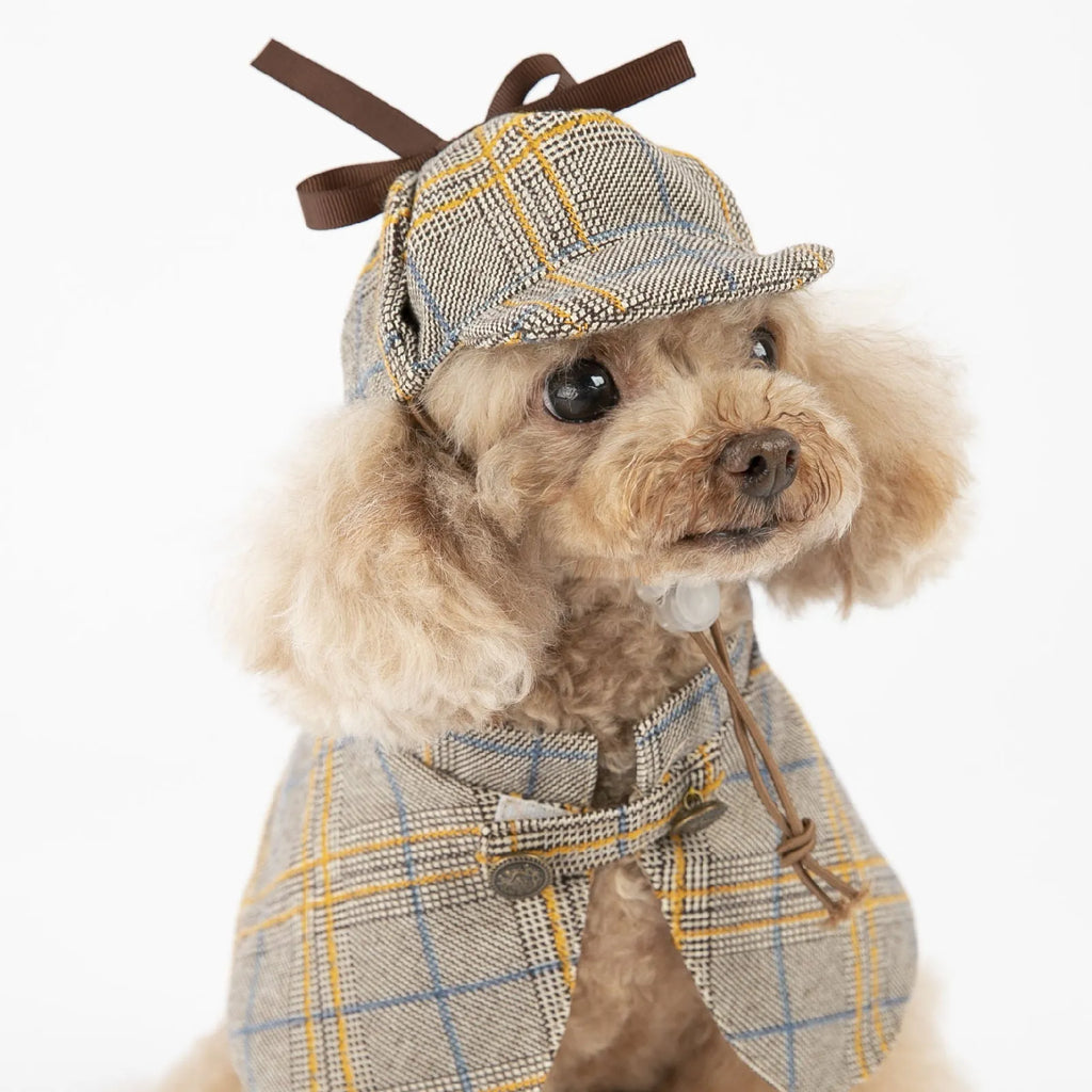 Camel-coloured detective suit style cotton cloak dog coat with an adjustable hat on a pet.