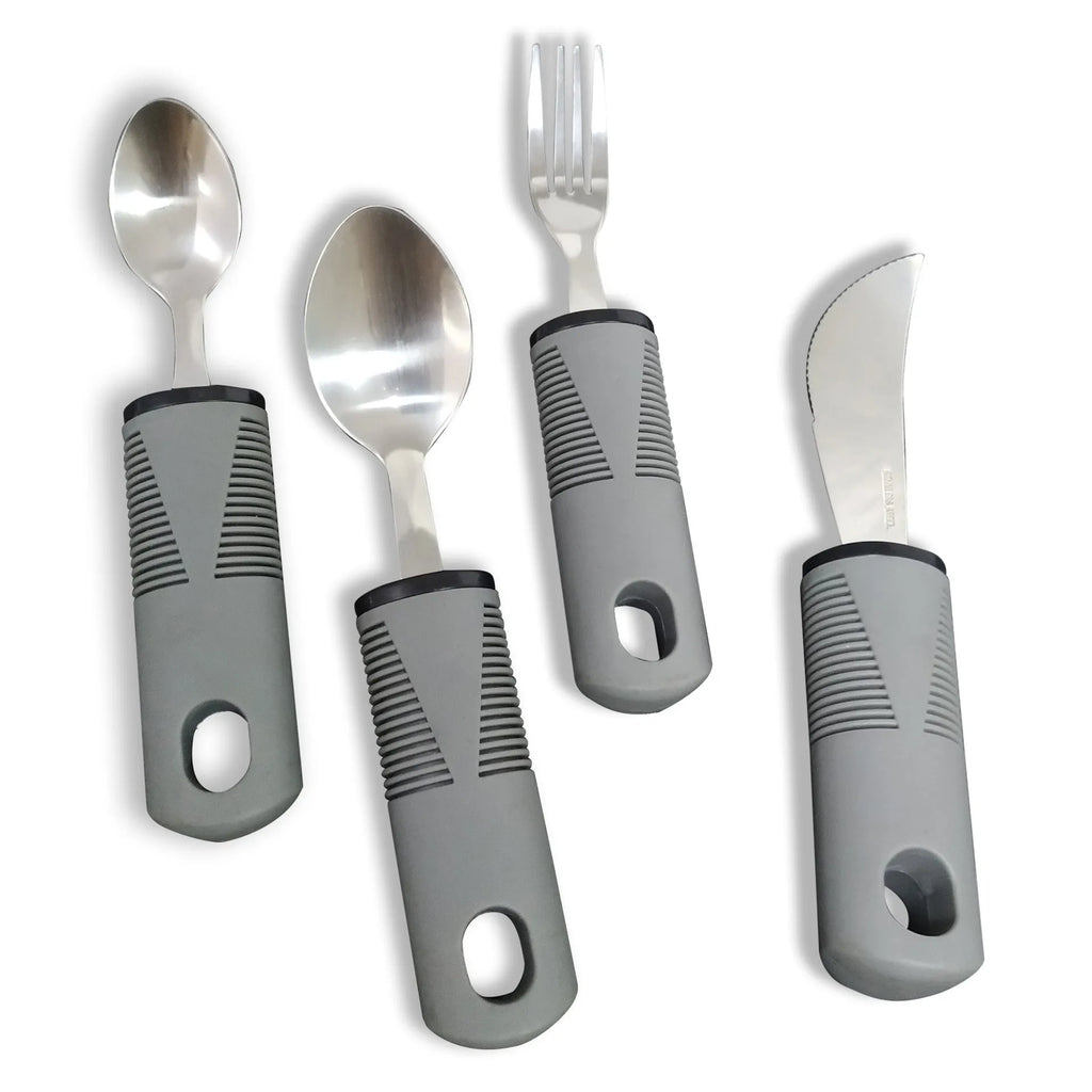 Stainless steel adaptive cutlery set with rubber handles for elderly eating assistance