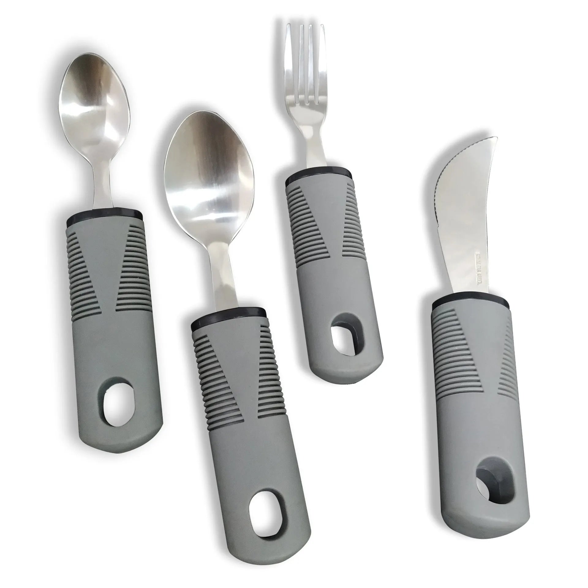Stainless steel adaptive cutlery set with rubber handles for elderly eating assistance