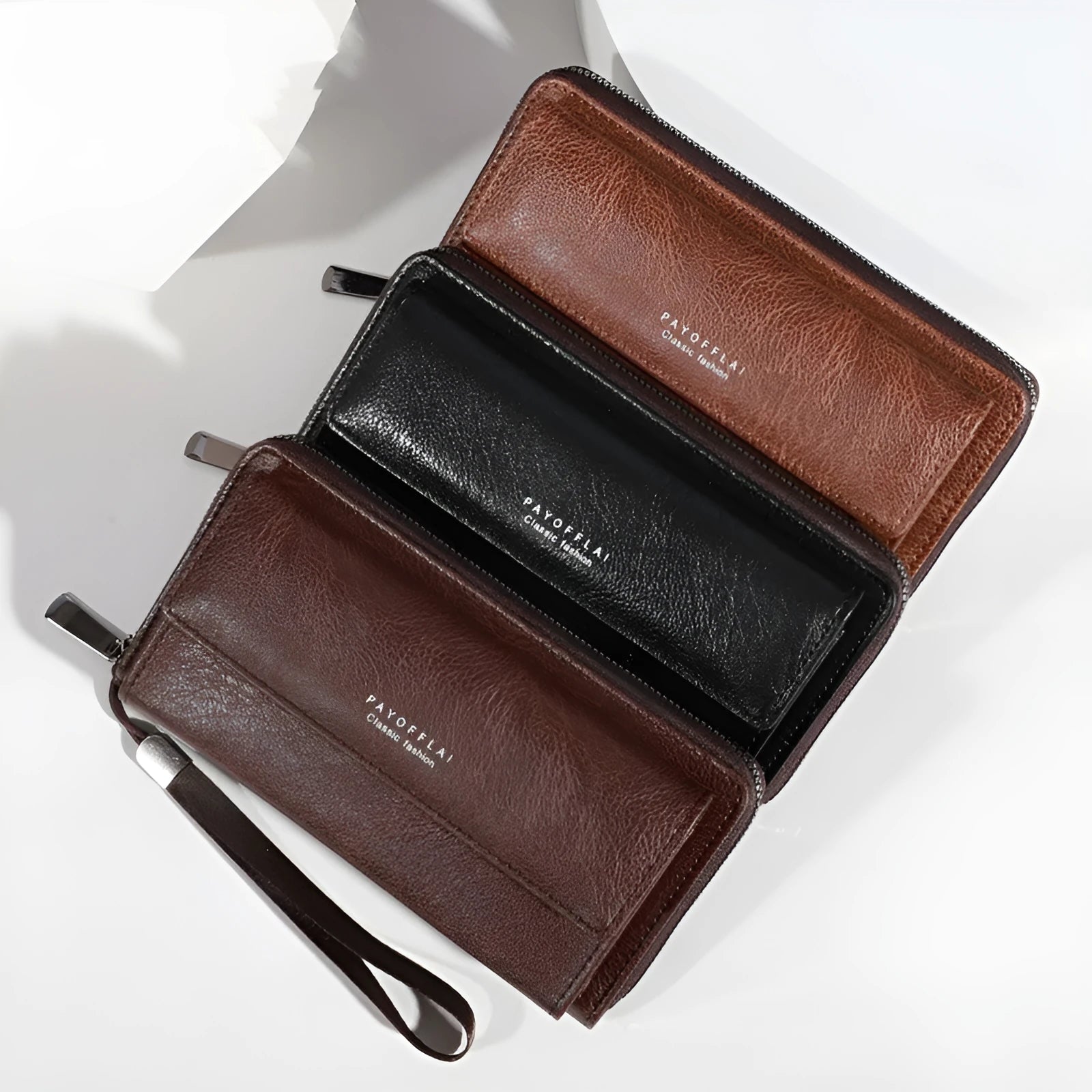Men's black PU long wallet open to show multiple card slots and coin compartment.