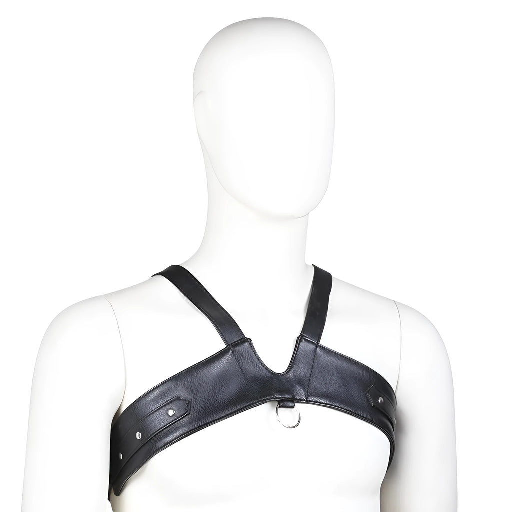 Men's black leather adjustable chest strap harness on torso