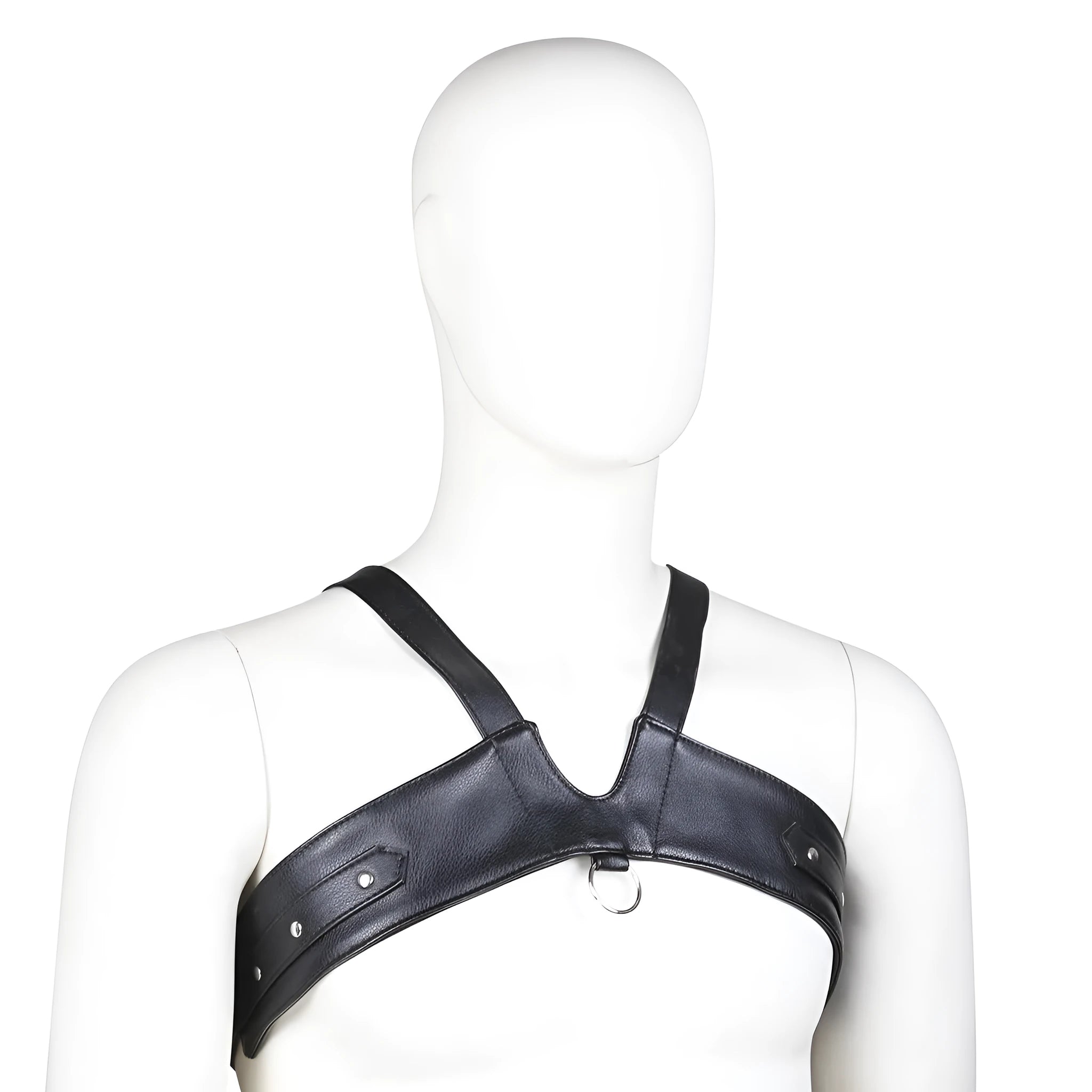 Men's black leather adjustable chest strap harness on torso